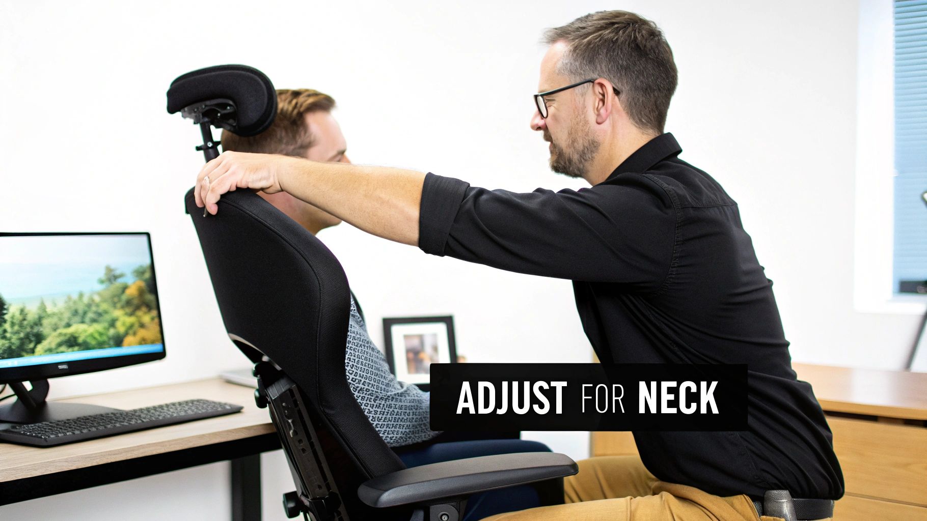 A man adjusts the neck support of another man's black office chair, focusing on neck comfort.