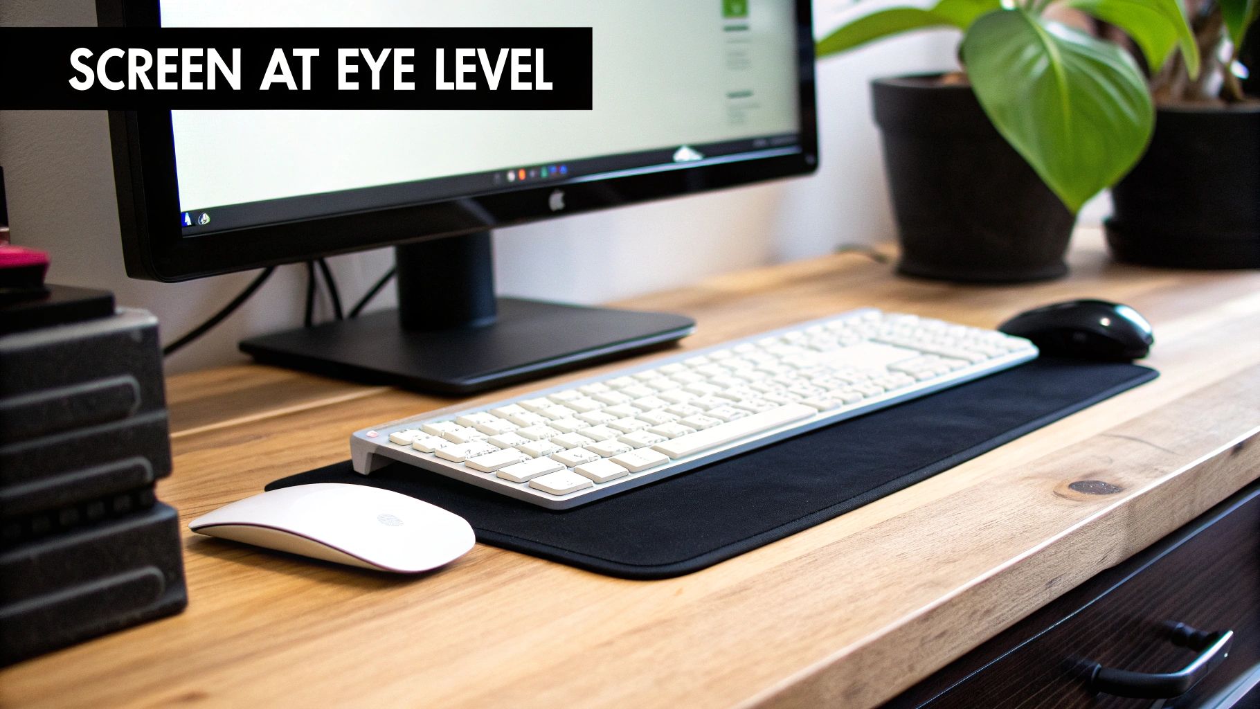 An ergonomic desk setup with a monitor positioned at eye level, keyboard, mice, and plants.