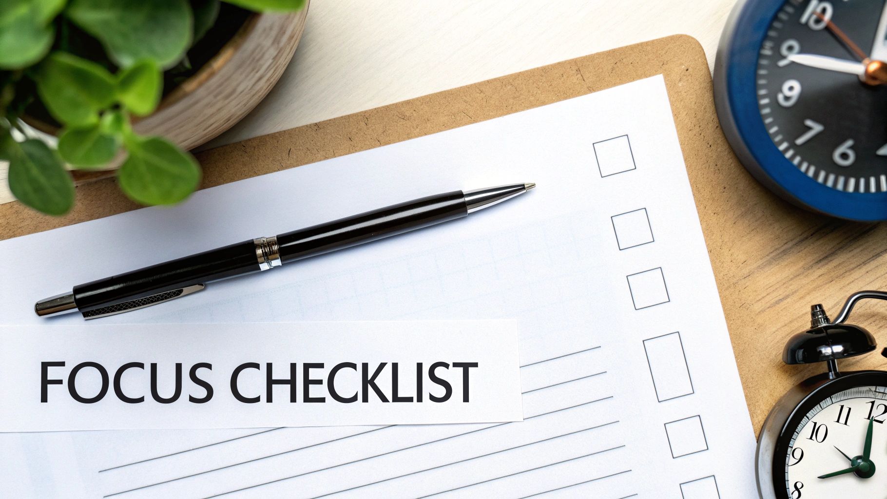 A clipboard with a 'FOCUS CHECKLIST' document, a pen, a plant, and two alarm clocks.