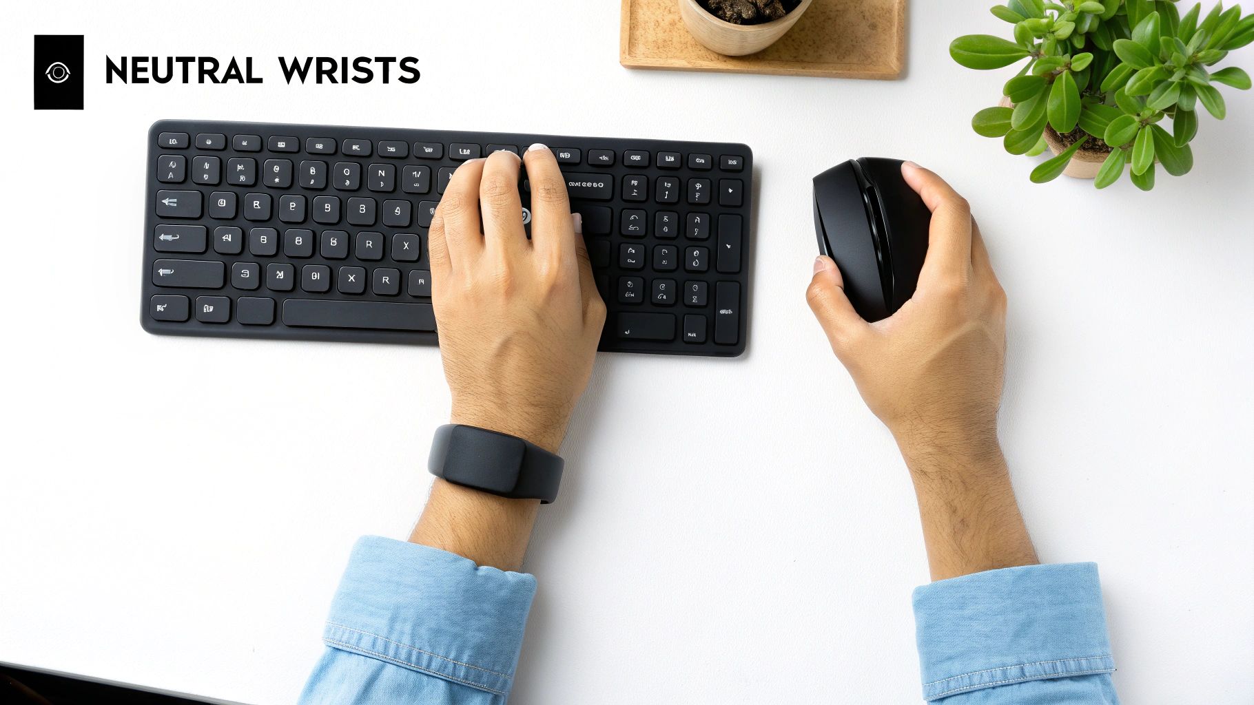 Top-down view of hands using a black keyboard and mouse, demonstrating neutral wrist posture.