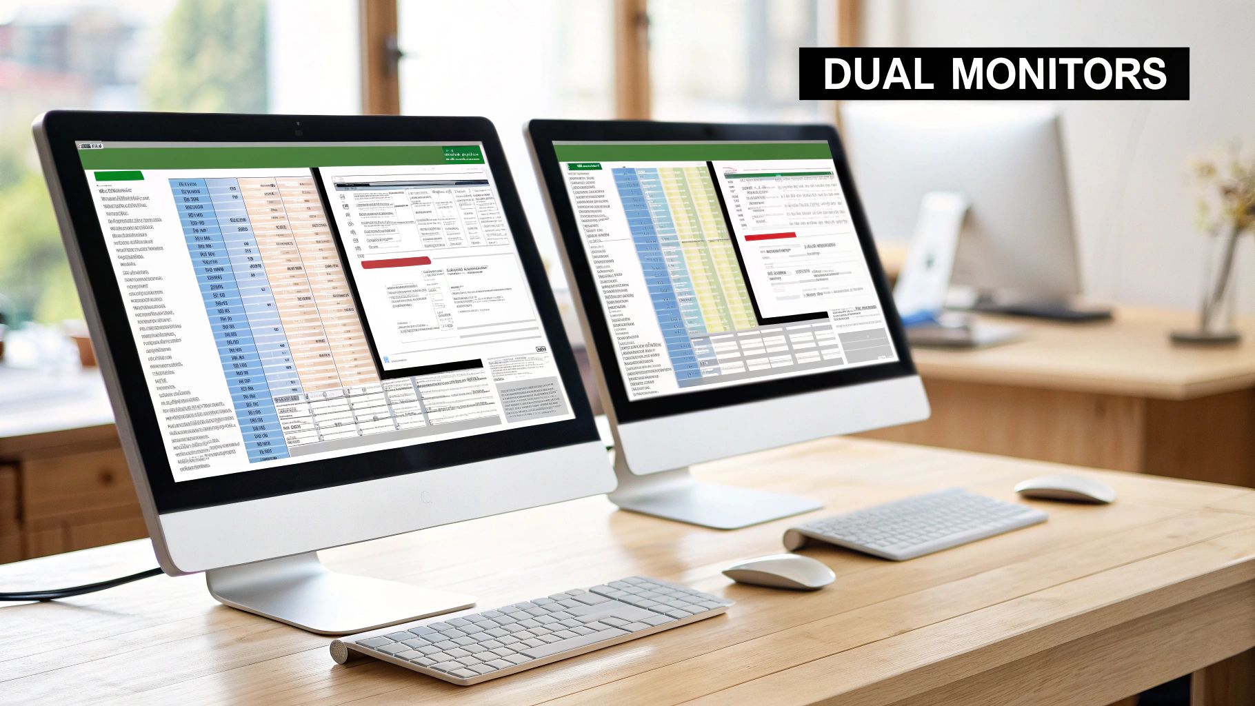 A modern dual monitor setup on a wooden desk with two keyboards and mice, displaying spreadsheets.