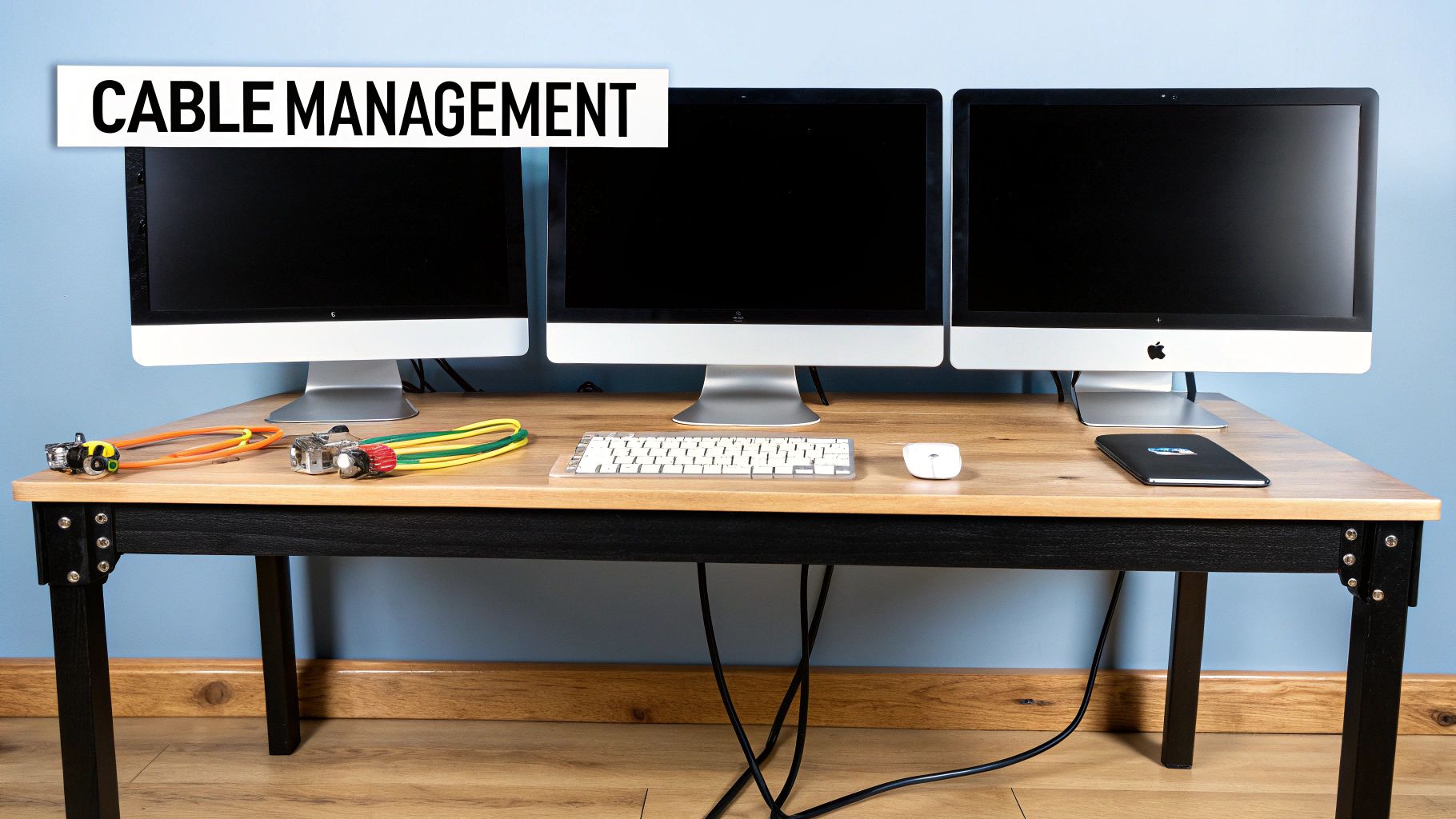 Three monitors on a wooden desk with a keyboard, mouse, and cable management tools, highlighting a tidy workspace.