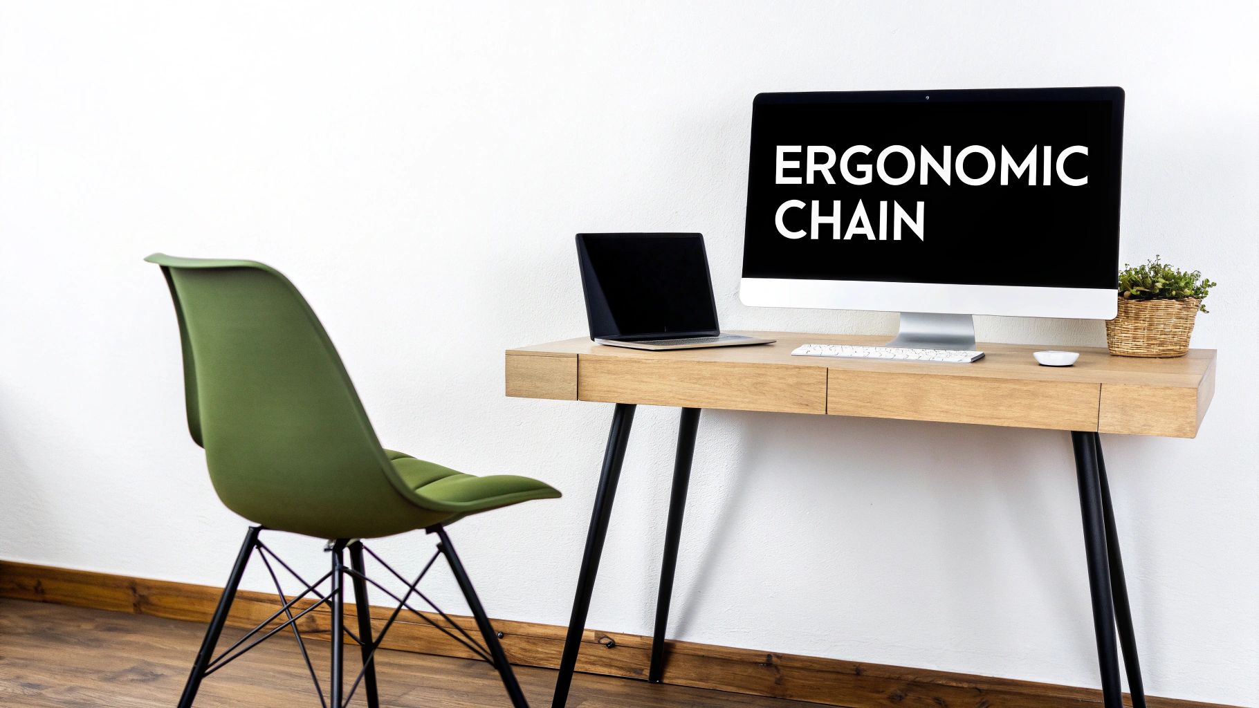 A modern office setup with a green chair, wooden desk, computer screen showing 'ERGONOMIC CHAIN', and a laptop.