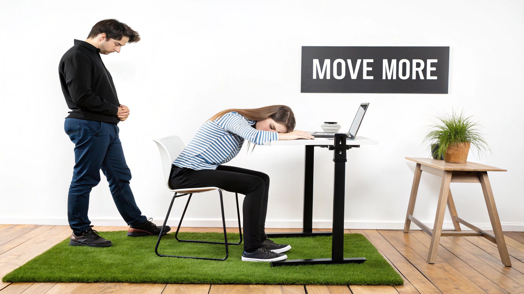 A man stands beside a tired woman slumped over a laptop at an adjustable desk, with a "MOVE MORE" sign.