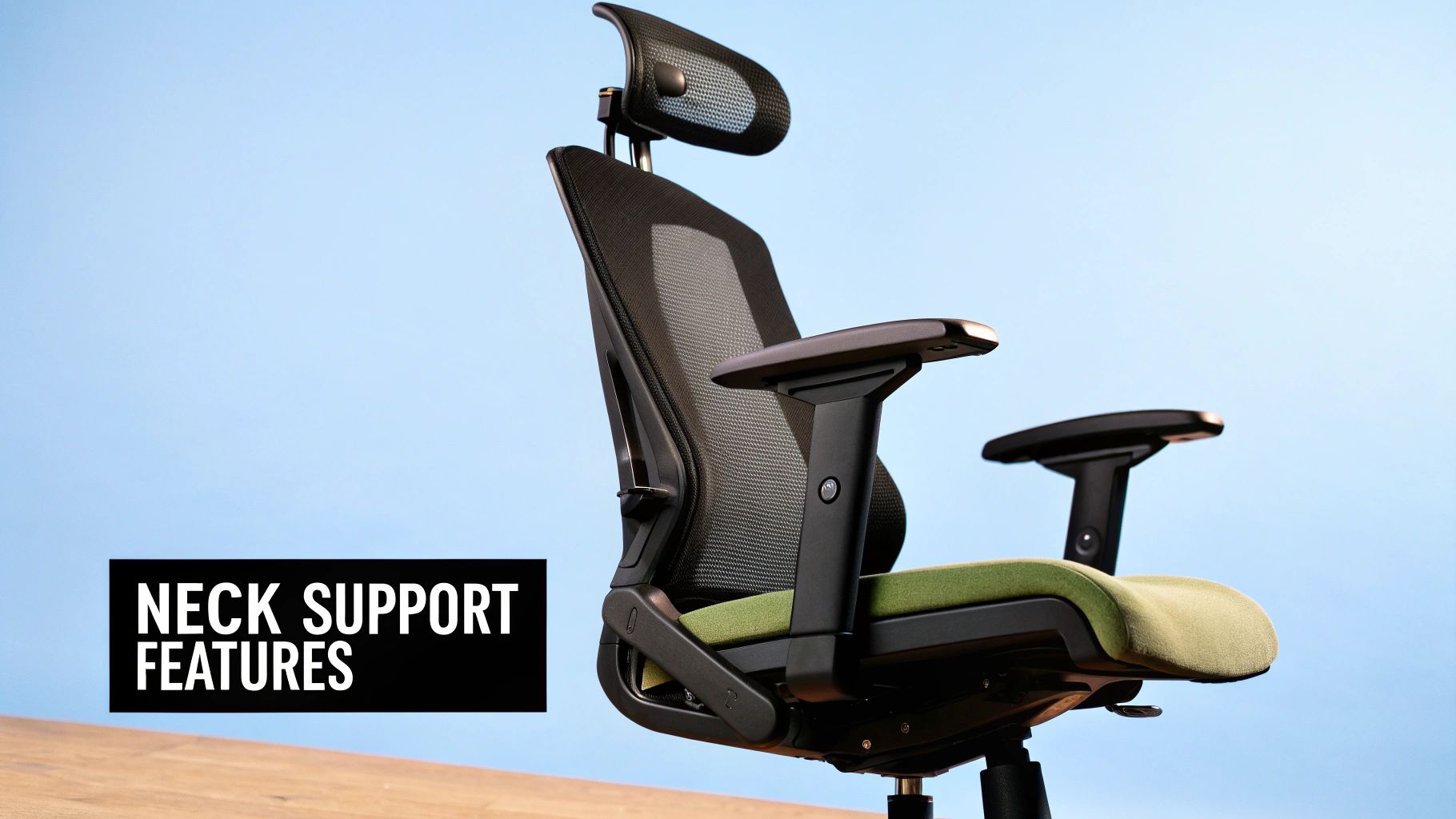Modern ergonomic office chair featuring black mesh back, green seat, and adjustable neck support.