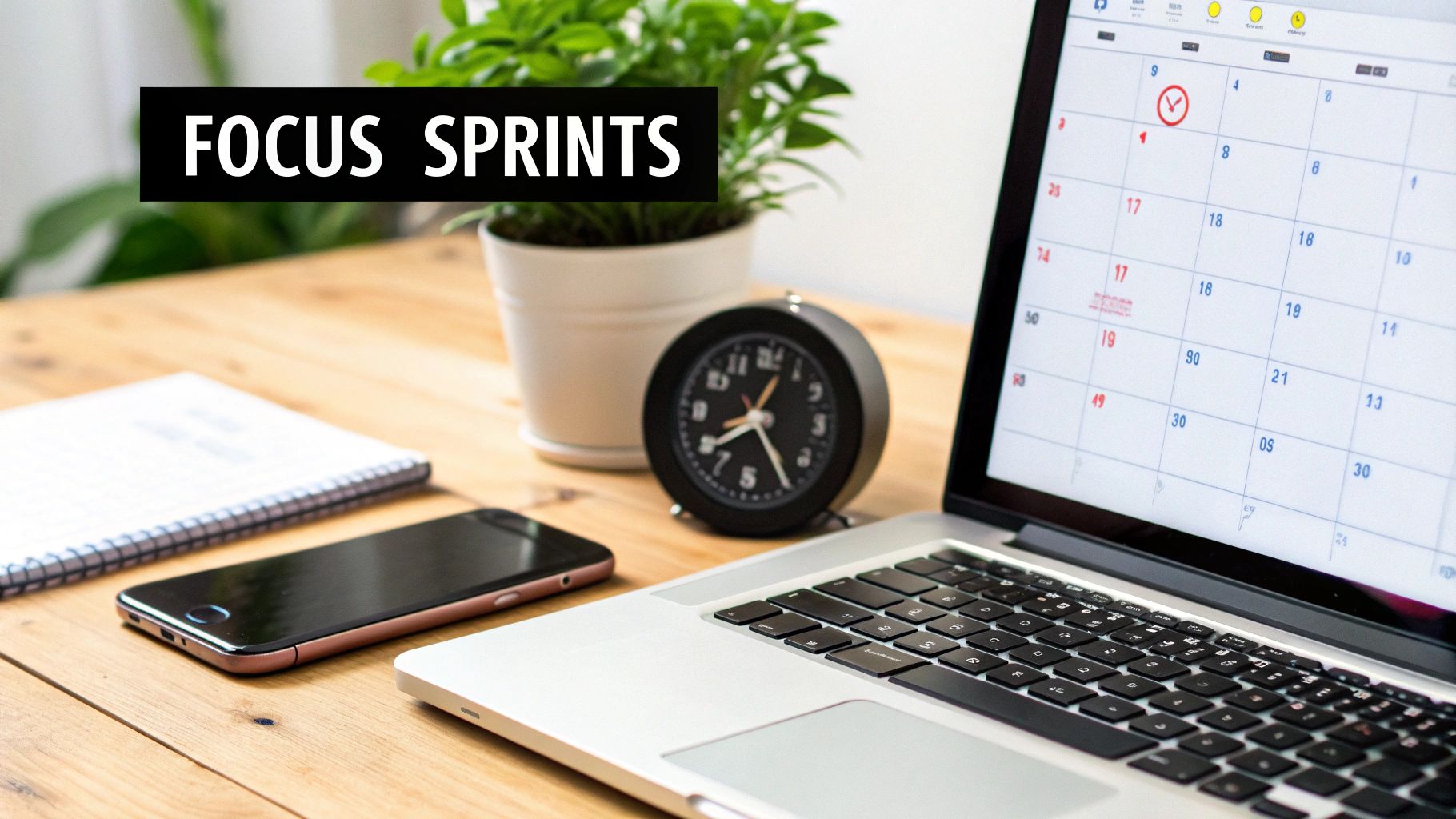 A well-organized desk setup with a laptop, phone, clock, and a plant, promoting 'FOCUS SPRINTS' for productivity.
