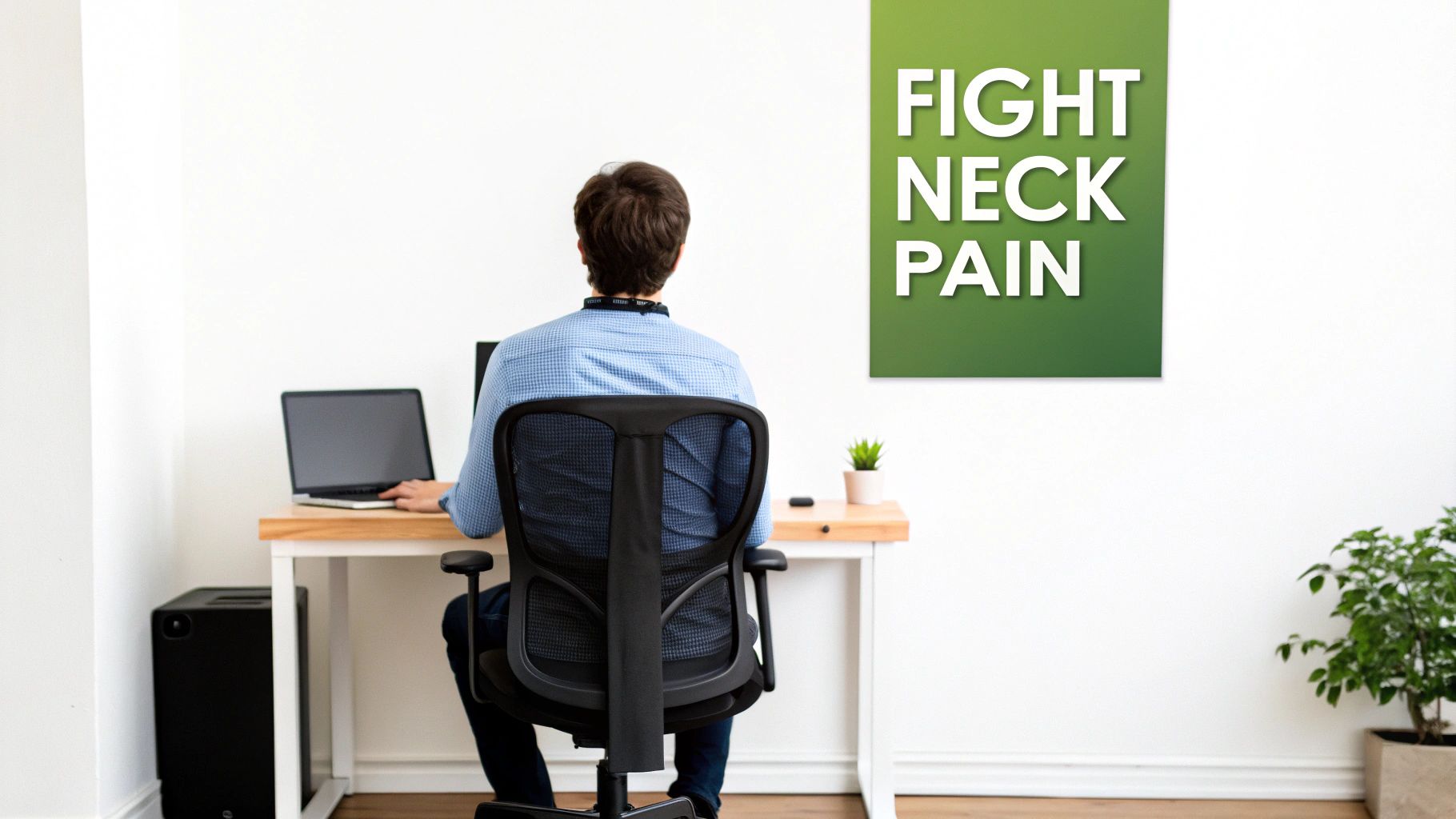 A person sits in an office chair at a desk with a laptop and 'Fight Neck Pain' sign.