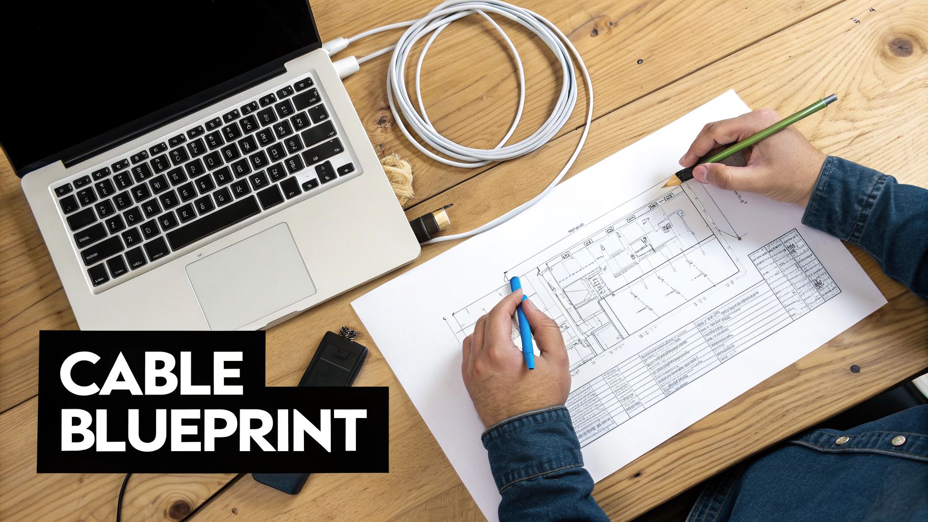 Overhead view of a person drawing on a cable blueprint next to a laptop and coiled white cable.