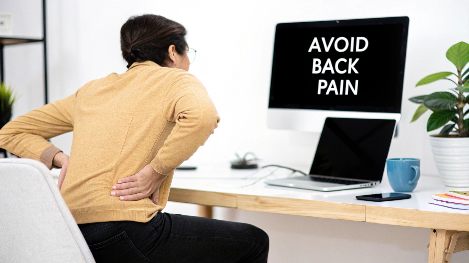 Person holding their lower back in discomfort while sitting at an office desk, monitor displays 'AVOID BACK PAIN'.