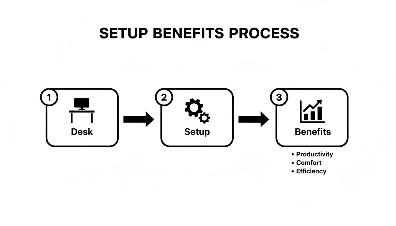 Diagram showing a three-step process: Desk, Setup, and Benefits including productivity, comfort, and efficiency.