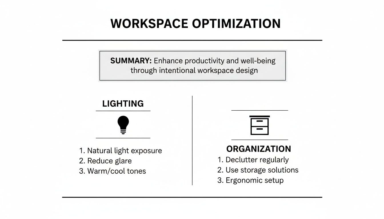 An infographic on workspace optimization with tips for lighting and organization to boost productivity.