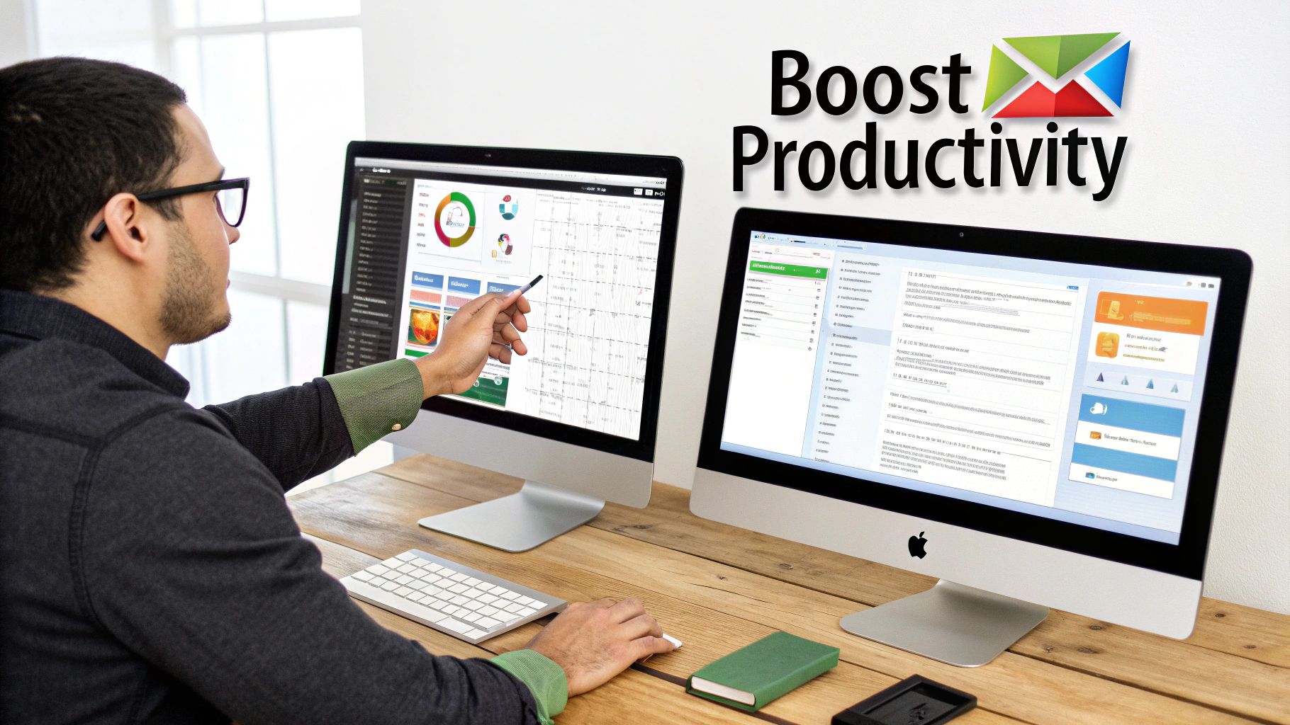 A man in glasses works at a wooden desk with dual Apple iMac monitors, pointing at data visualization, promoting productivity.