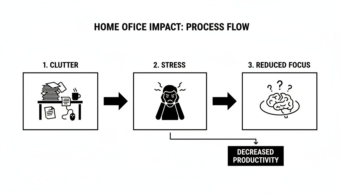 Flowchart showing how home office clutter leads to stress, reduced focus, and decreased productivity.