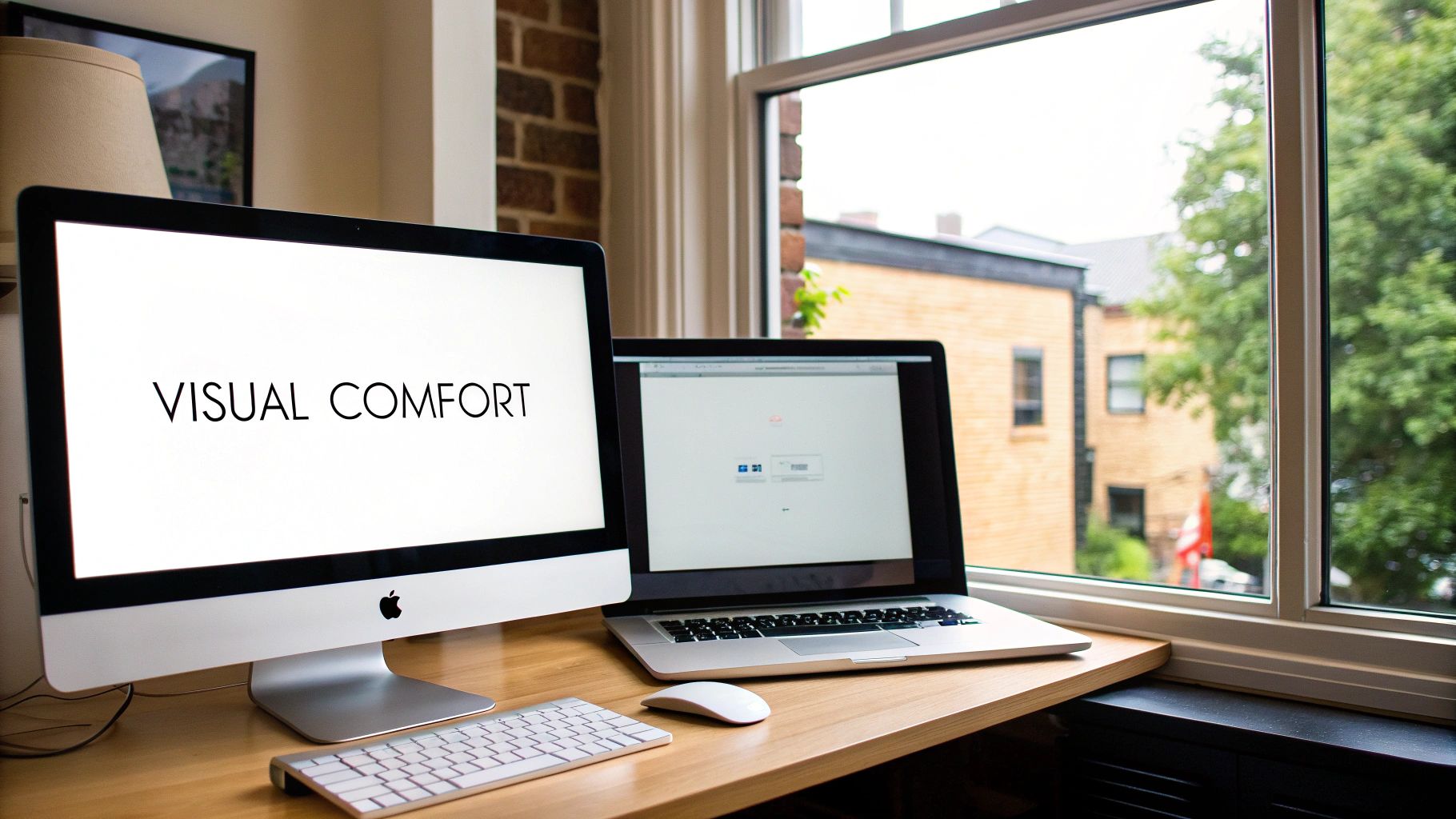 A dual monitor workspace featuring an iMac, laptop, keyboard, and mouse on a wooden desk.