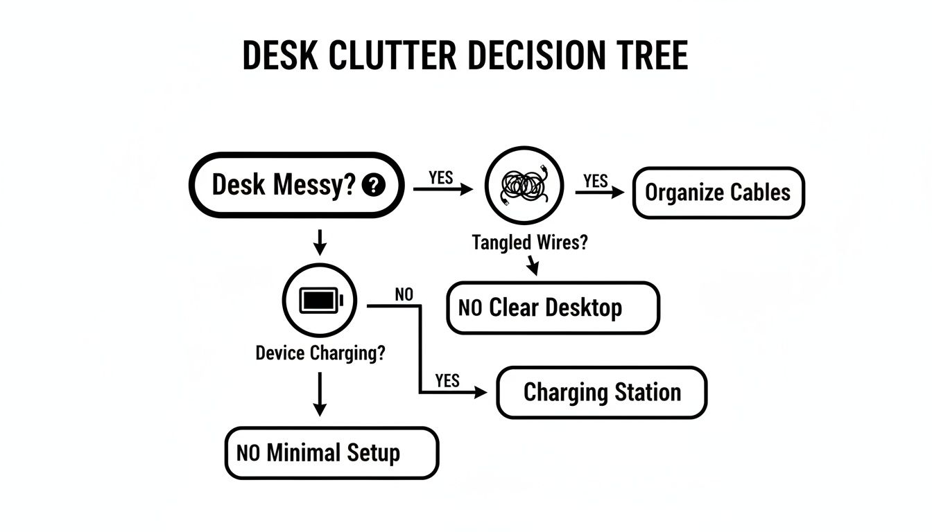 A desk clutter decision tree flowchart guiding users on organizing cables, setting up a charging station, and achieving a minimal desk setup.