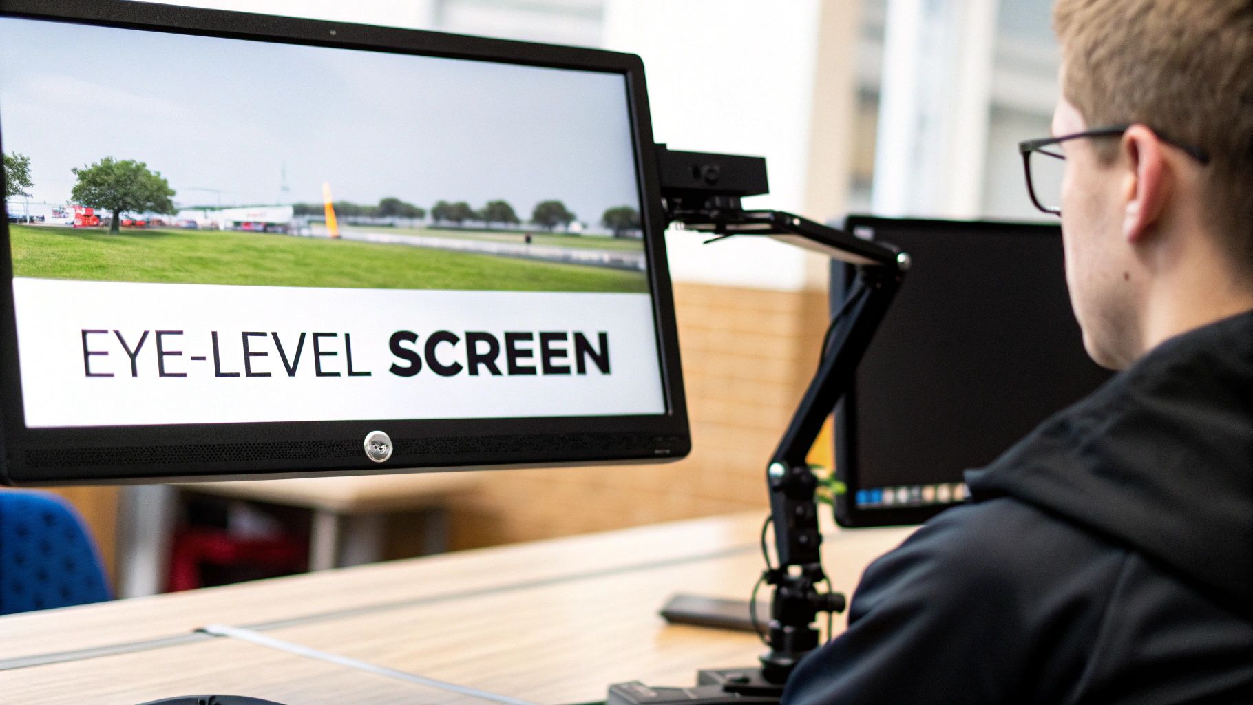 A person wearing glasses views an eye-level computer screen displaying 'EYE-LEVEL SCREEN' text on a light desk.