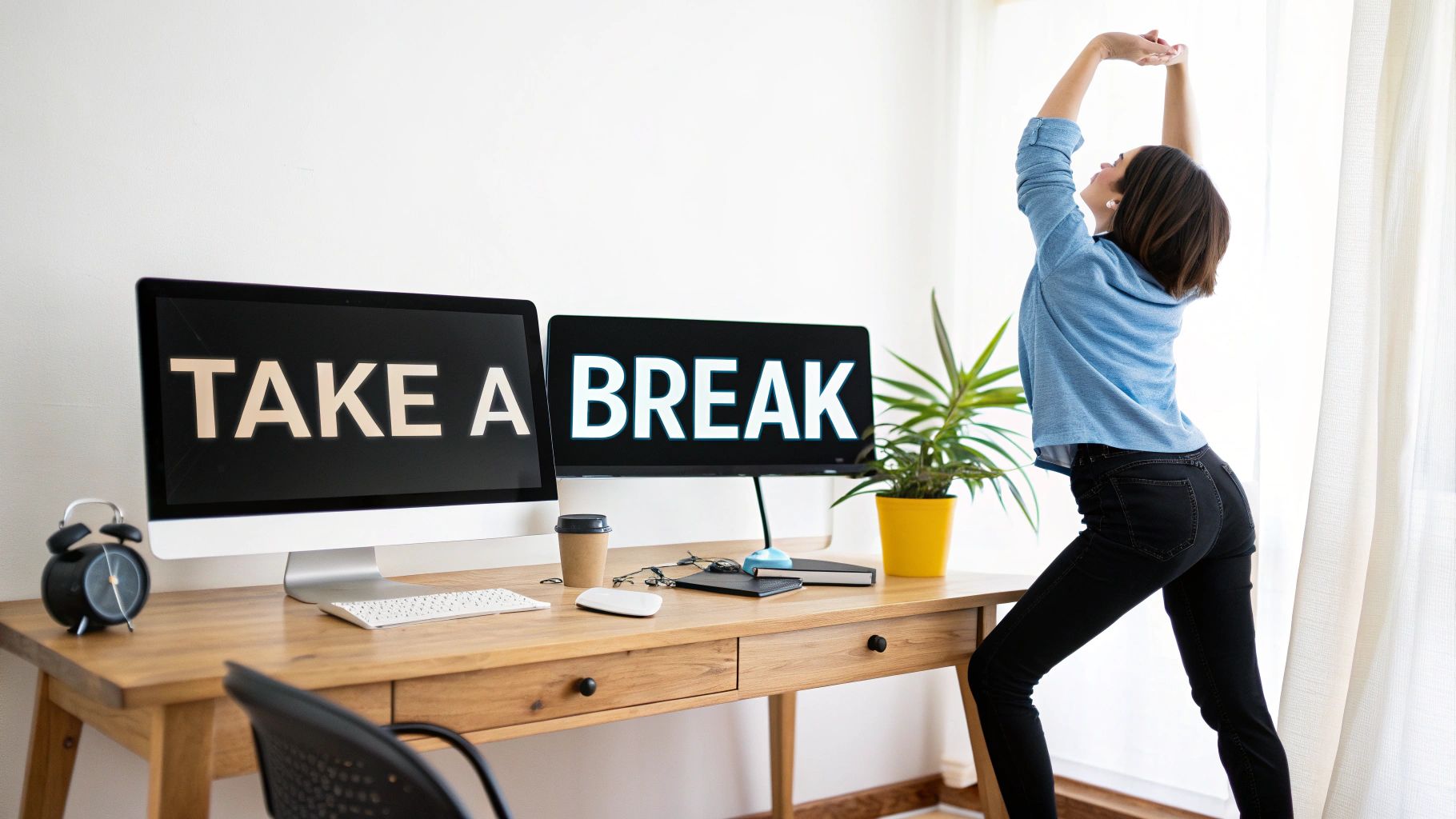 A woman stretches next to a desk with two monitors displaying 'TAKE A BREAK', promoting employee wellness.