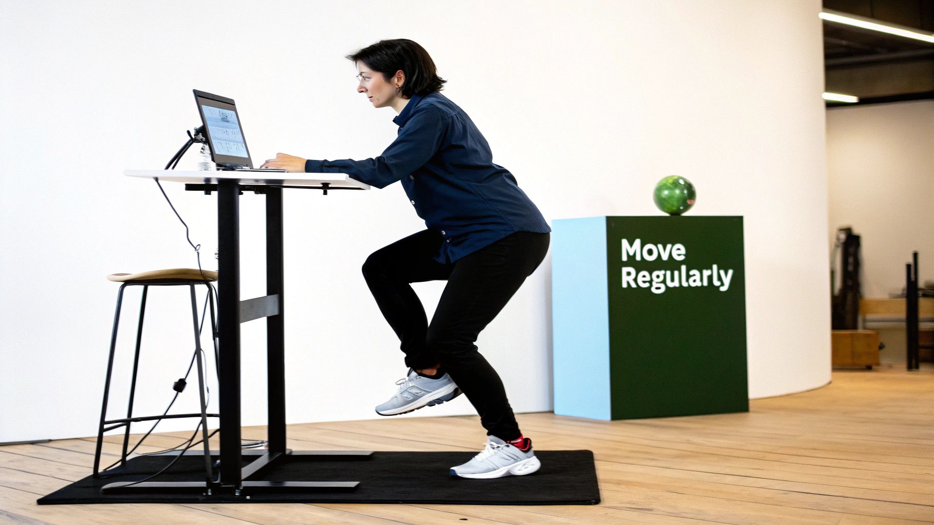 A woman works at a standing desk while doing a squat, promoting active work.