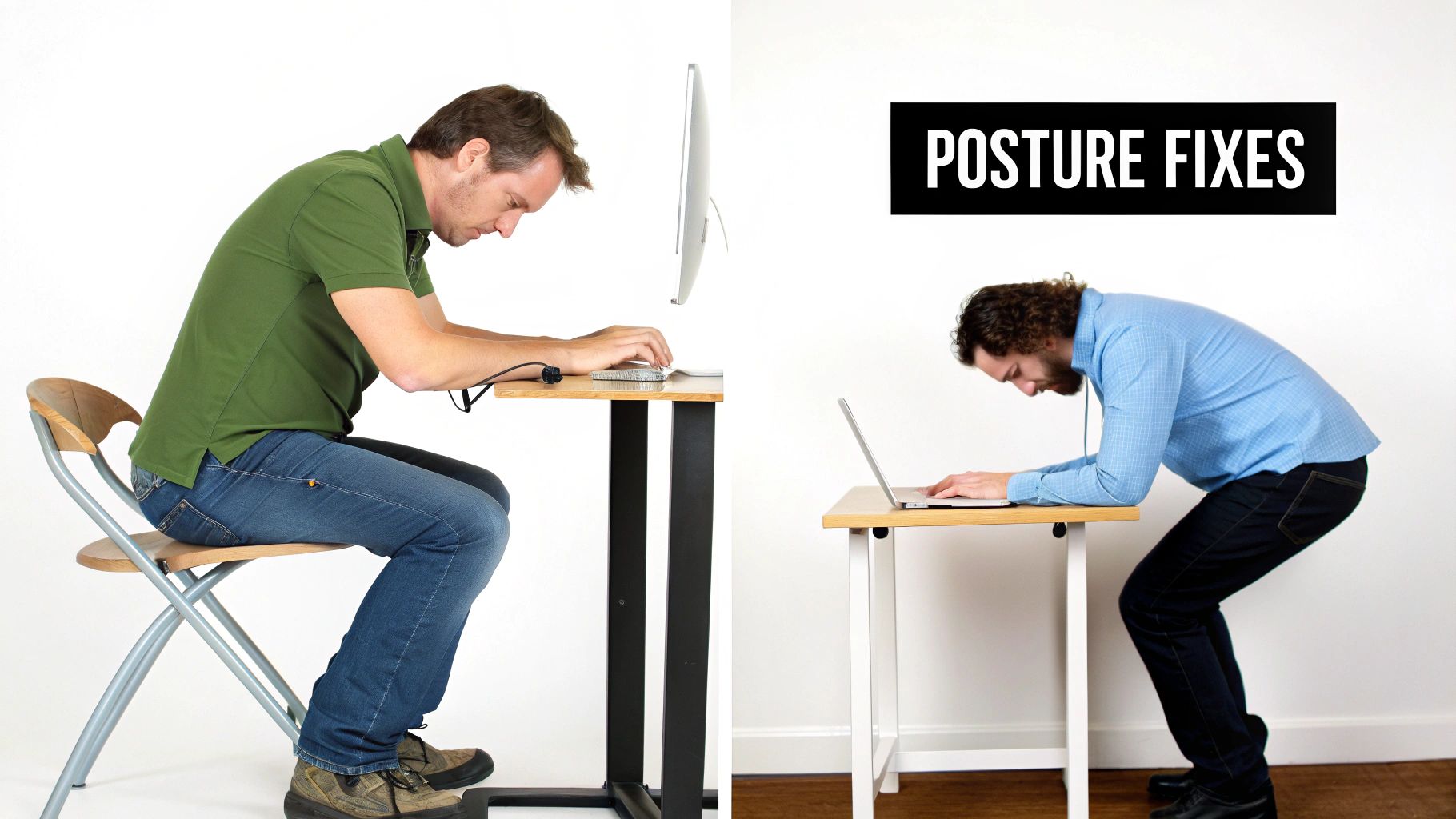 Two men demonstrating poor computer posture, one sitting and one standing, highlighting common ergonomic issues.