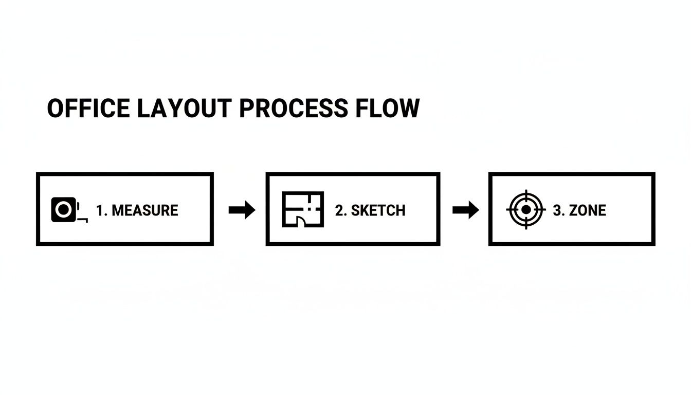 A black and white diagram illustrating the office layout process flow with three steps: measure, sketch, and zone.
