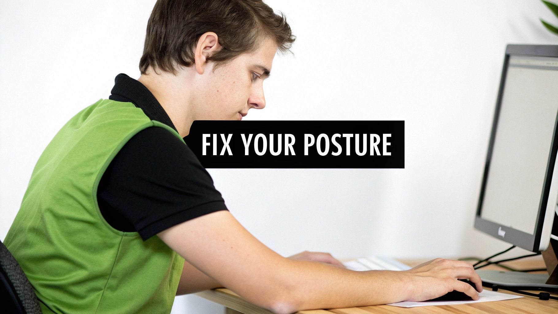 A young man with hunched shoulders and poor posture sits at a desk using a computer, with text "FIX YOUR POSTURE".