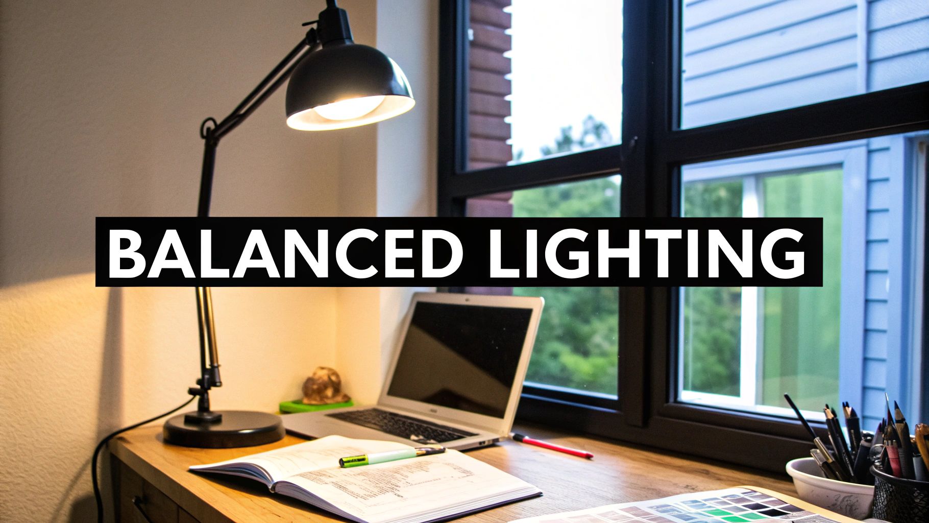 A desk with a laptop, open book, and a desk lamp next to a window, illustrating balanced lighting.