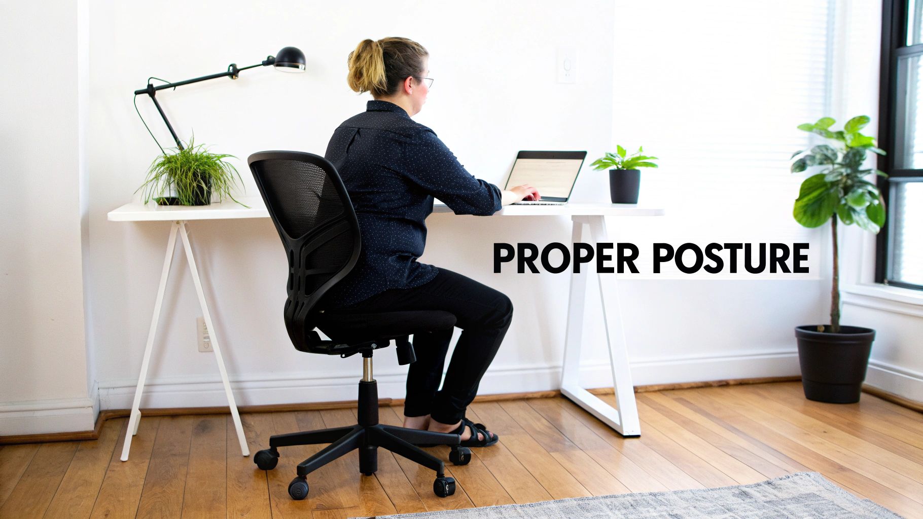 A woman demonstrates proper posture while working on a laptop at a home office desk.