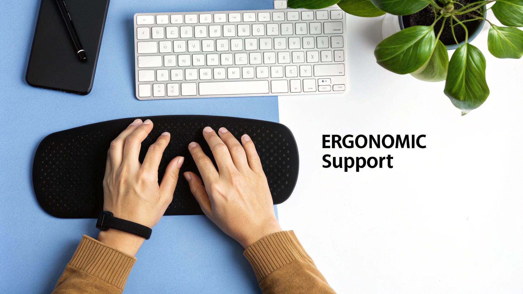 Hands resting comfortably on a black ergonomic wrist rest in front of a white keyboard on a blue desk.