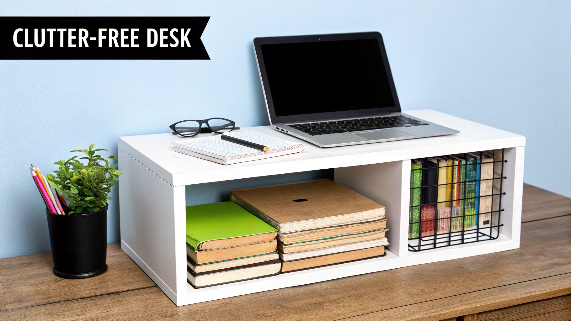 A white desk organizer on a wooden desk with a laptop, books, and office supplies for a clutter-free workspace.