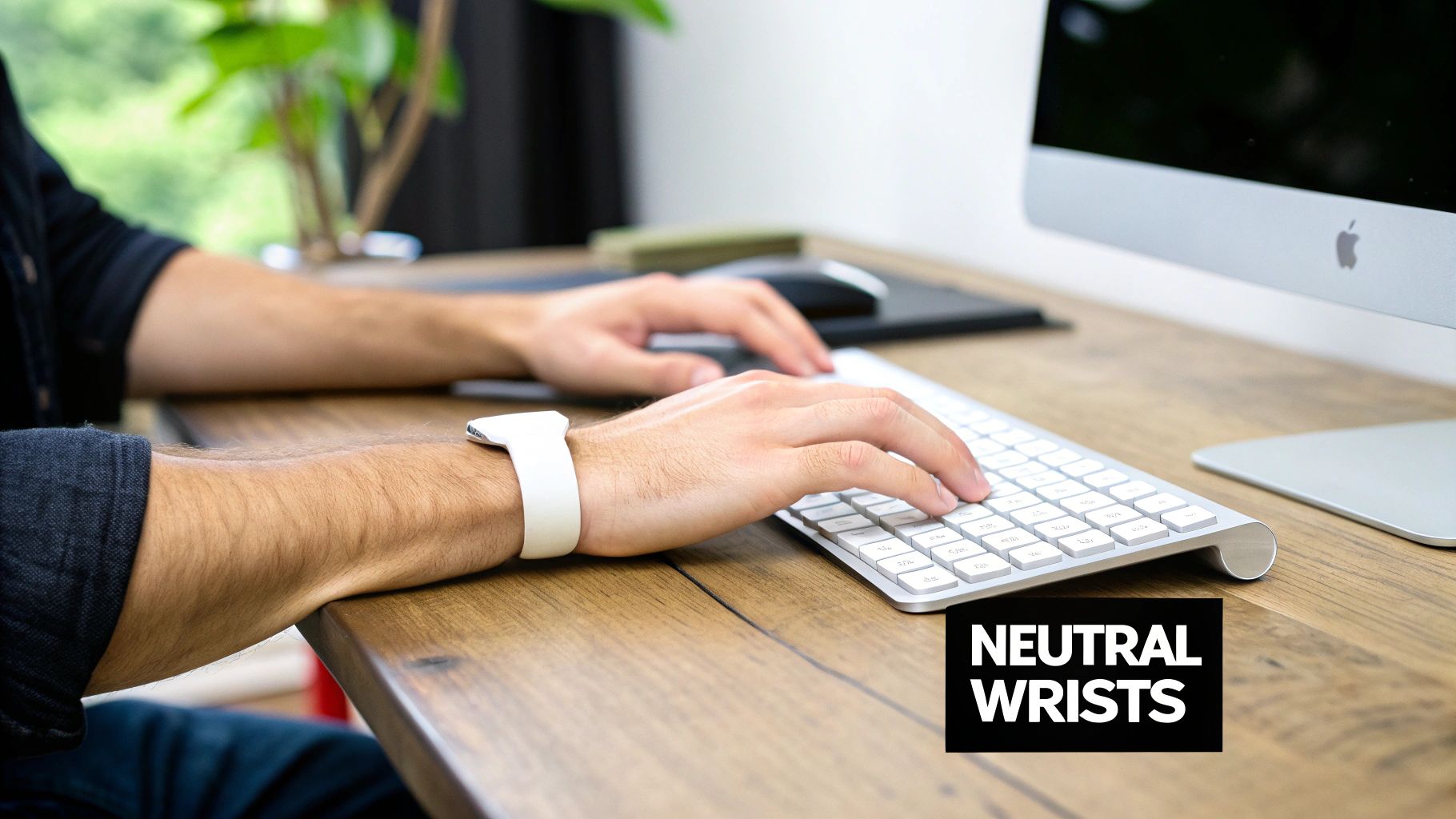 Close-up of a person typing on a white keyboard with neutral wrists, demonstrating ergonomic posture.