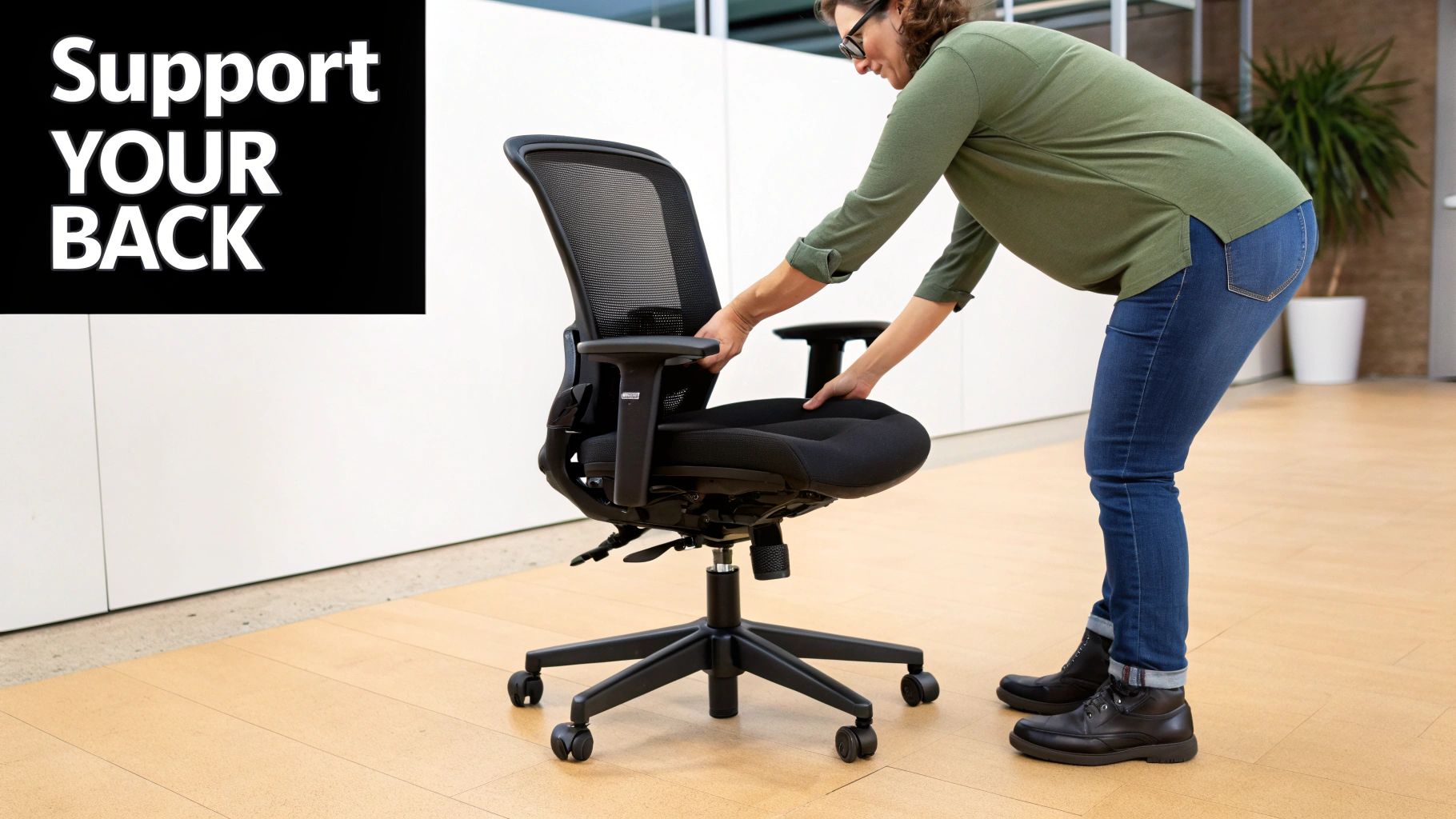Woman adjusting an ergonomic office chair with a mesh back for proper posture and back support.
