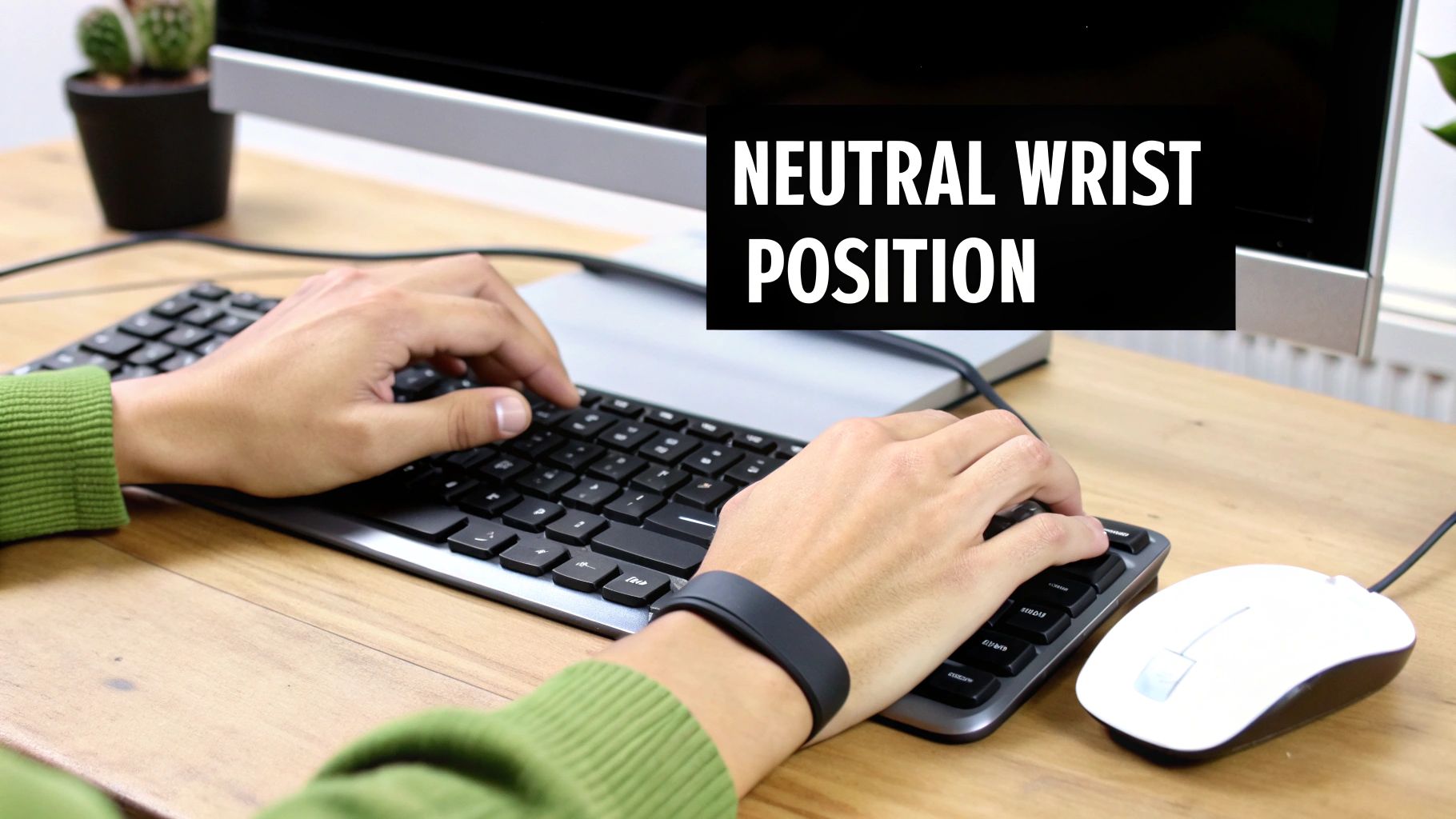 A person demonstrating a neutral wrist position while typing on a keyboard with a computer mouse nearby.