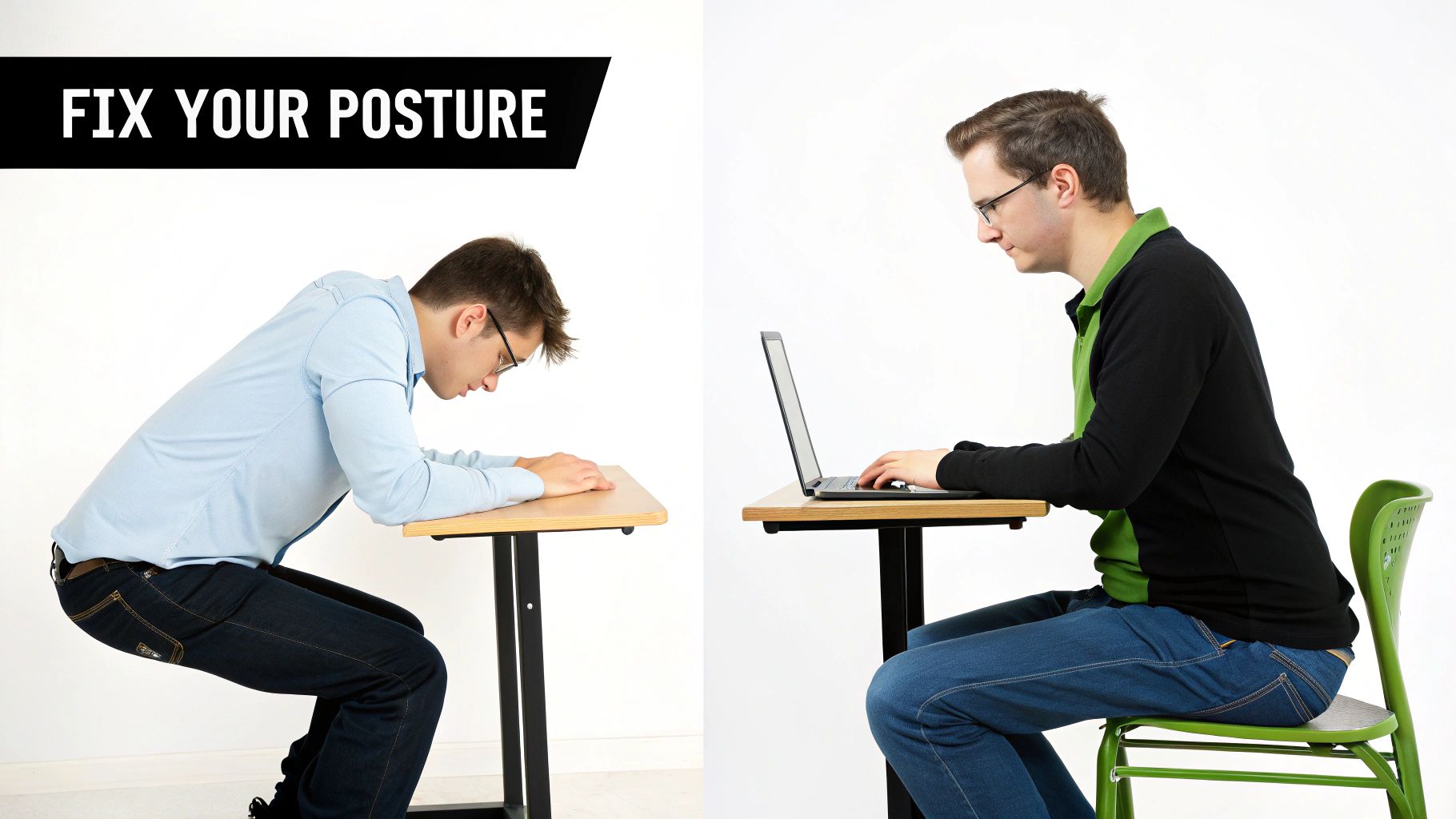 A man demonstrates incorrect slouching posture on the left, and correct ergonomic sitting posture on the right while using a laptop.
