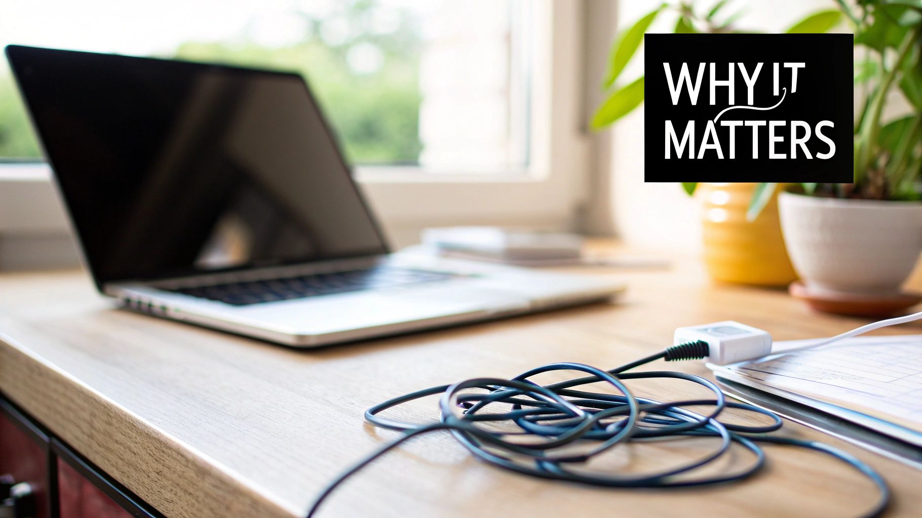 A cluttered home office desk with an open laptop, messy cables, and potted plants.