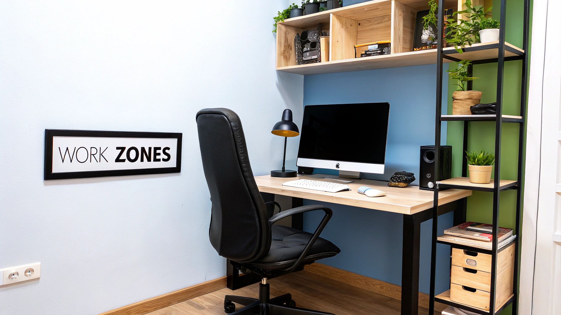 Modern home office with light wood desk, iMac, black chair, and shelves decorated with plants.