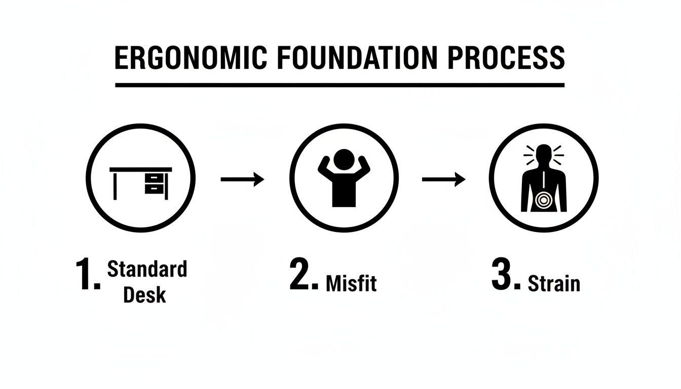 Diagram illustrating the ergonomic foundation process: a standard desk leads to a misfit, resulting in physical strain.