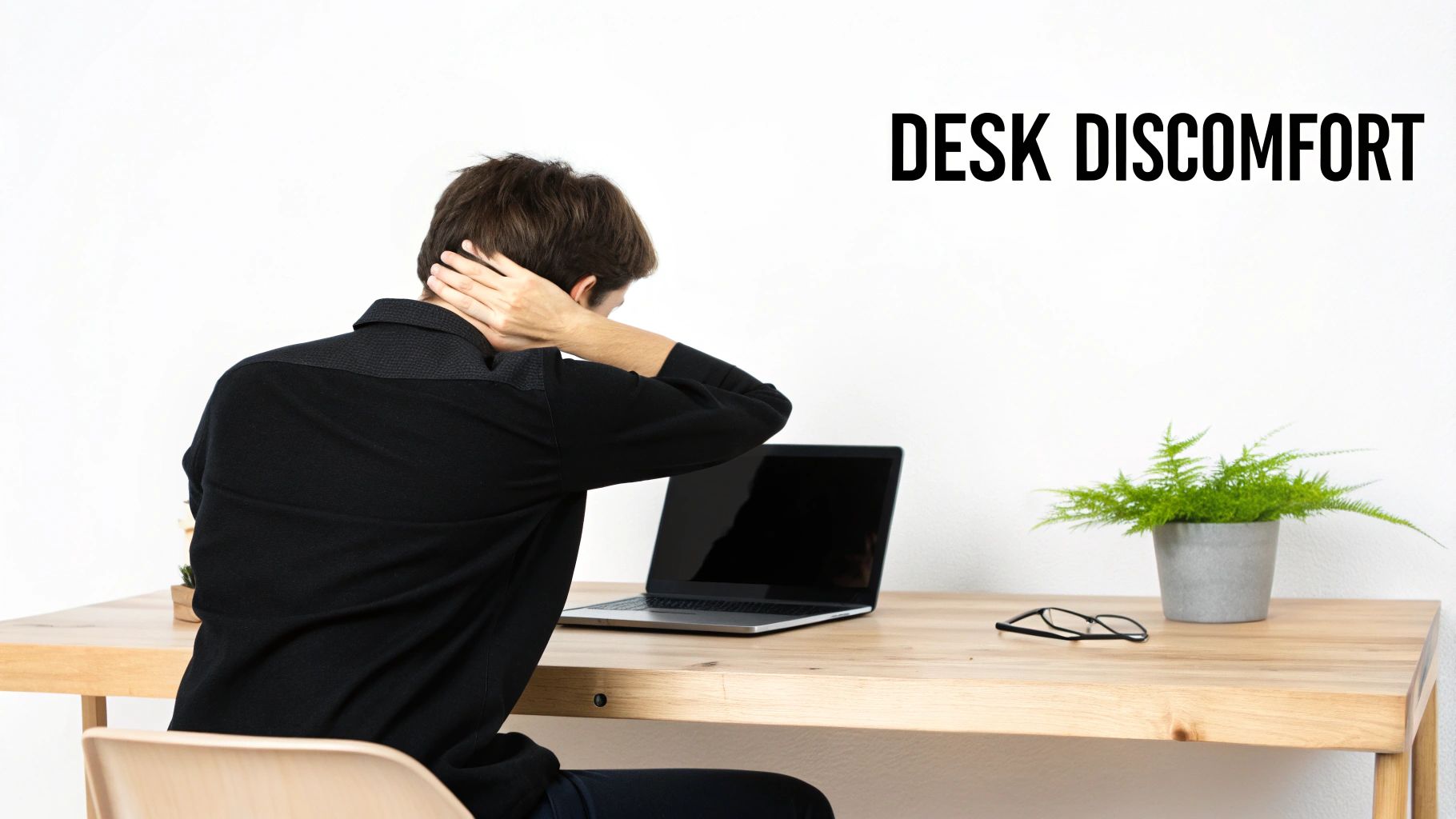 A person experiences neck pain or discomfort while sitting at a desk with a laptop.