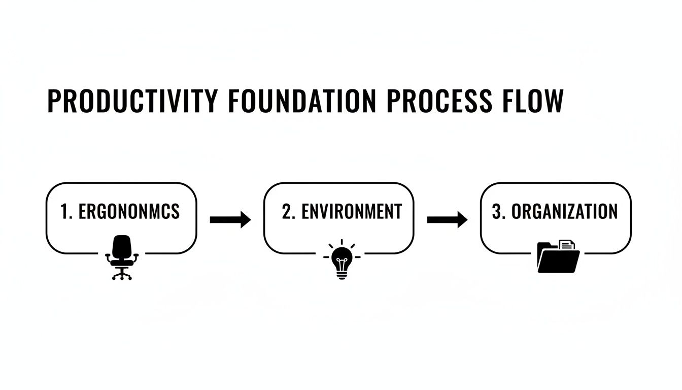 Productivity foundation process flow diagram showing steps for ergonomics, environment, and organization.