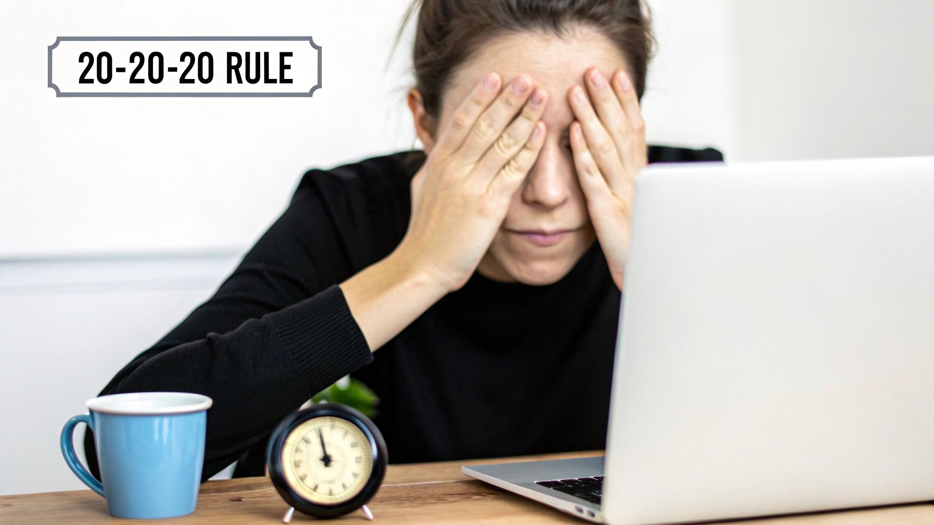 A person covers their eyes at a laptop, demonstrating the need for the 20-20-20 rule to prevent eye strain.