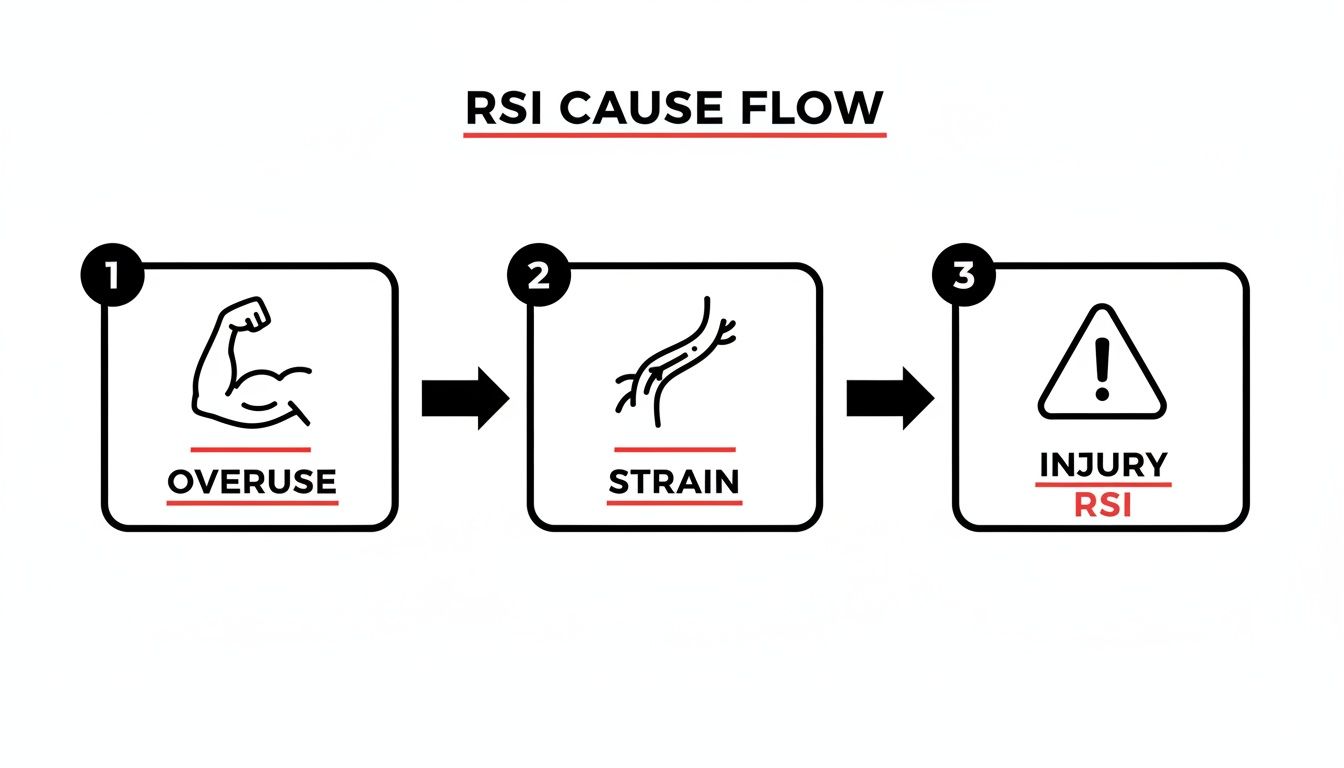Flowchart illustrating the cause of RSI: overuse leads to strain, which results in RSI injury.