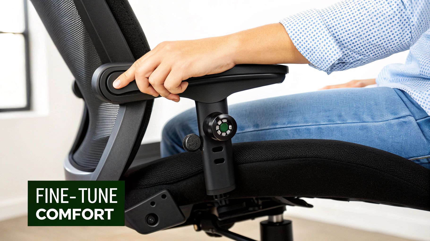 A person's hand adjusts the armrest of a black office desk chair, emphasizing fine-tune comfort settings.