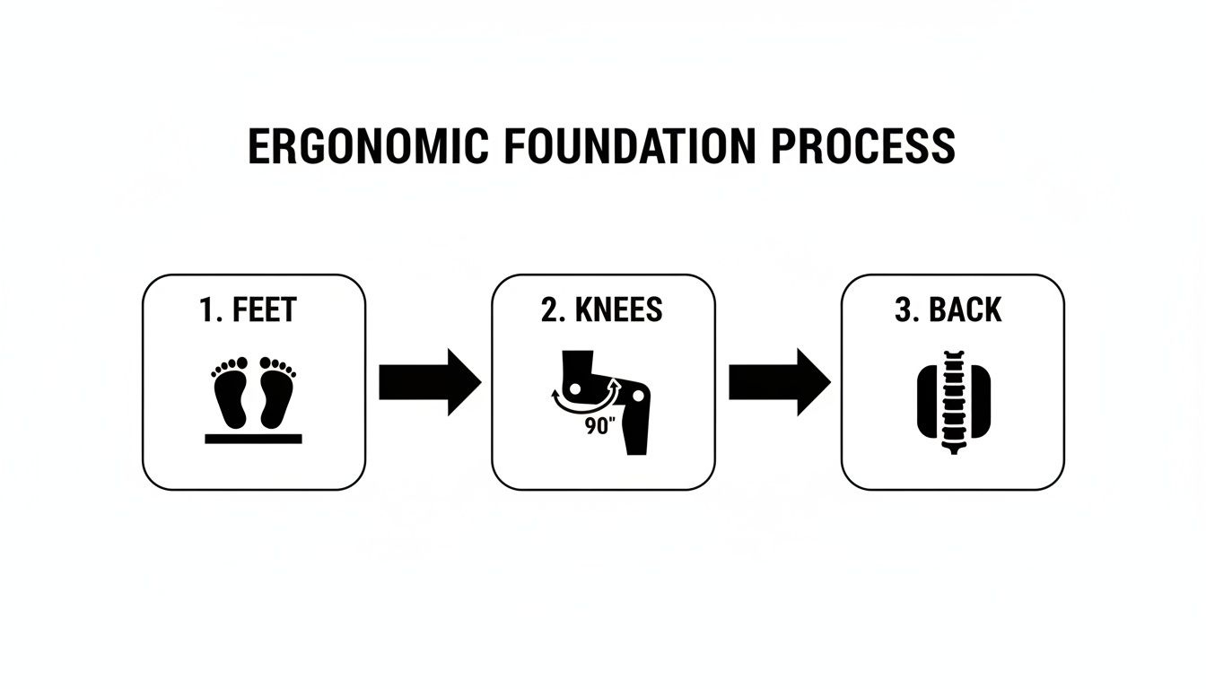 Diagram illustrating the ergonomic foundation process: proper feet placement, knees at a 90-degree angle, and back support.