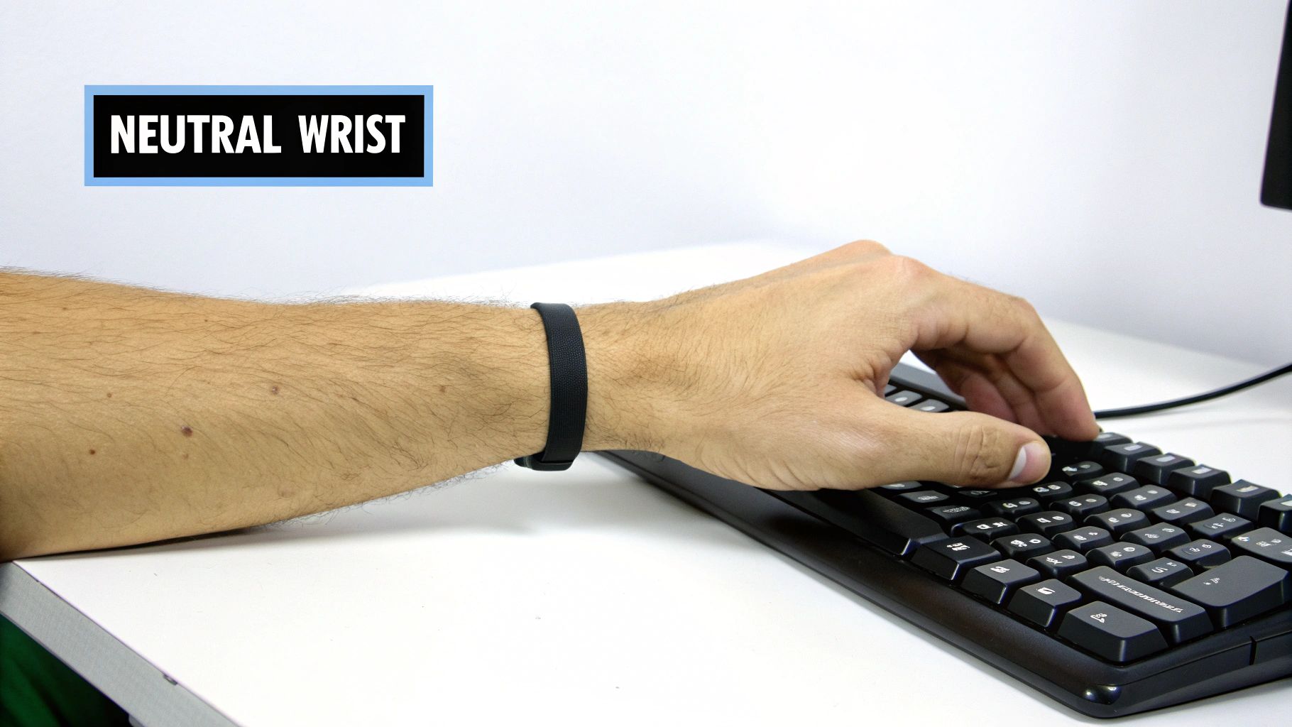 Close-up of a person's hand demonstrating a neutral wrist position while typing on a black keyboard.