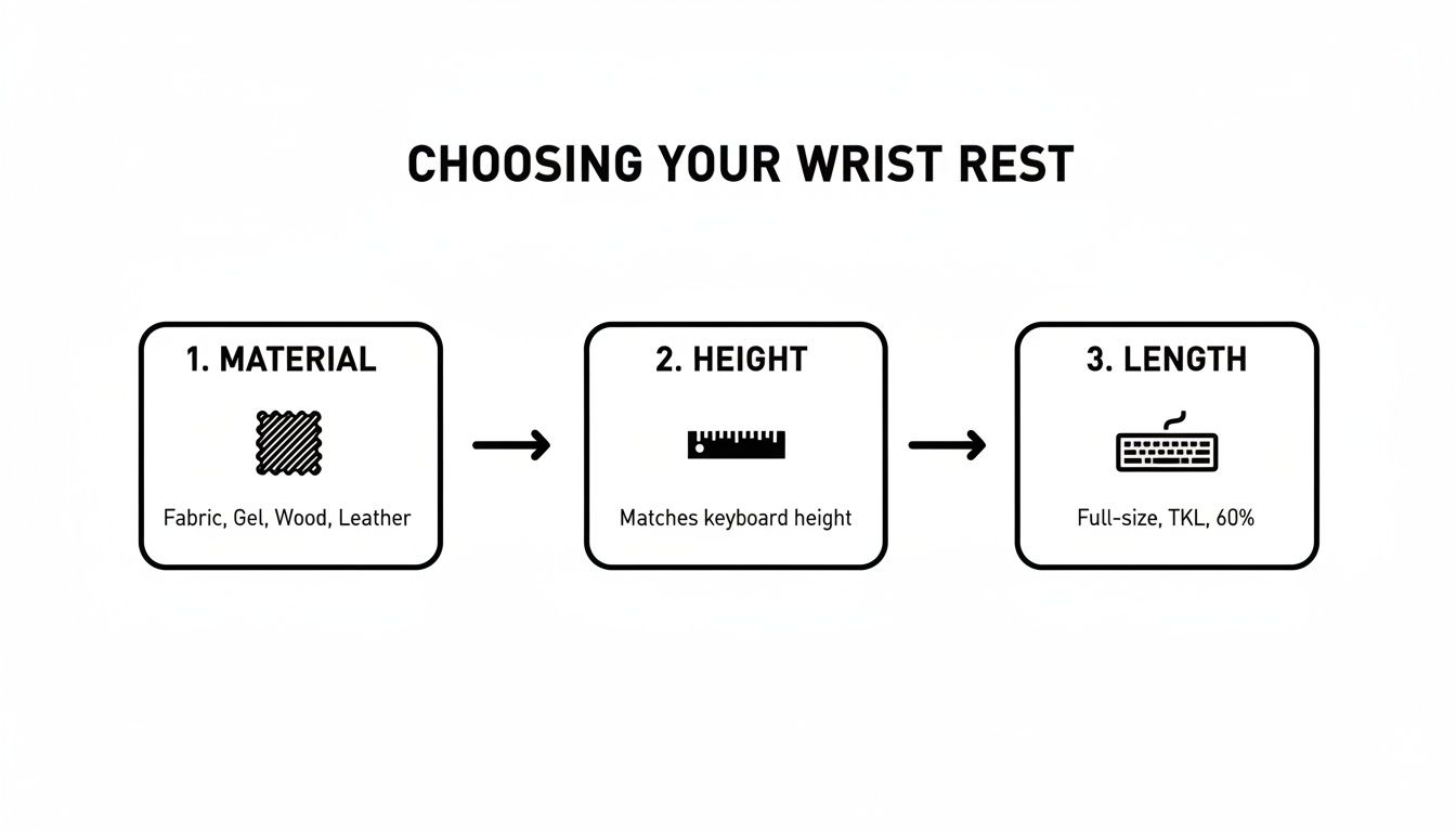 A flowchart guide explaining how to choose a wrist rest, detailing material, height, and length options.