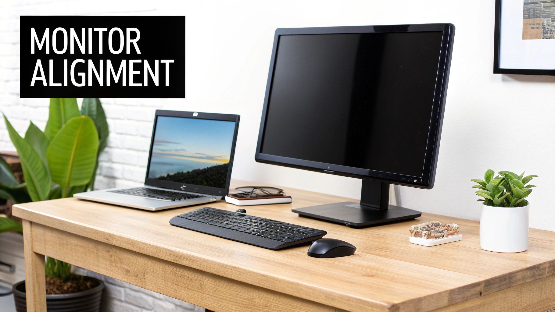 A tidy home office desk featuring a laptop, external monitor, wireless keyboard, mouse, and green plants.