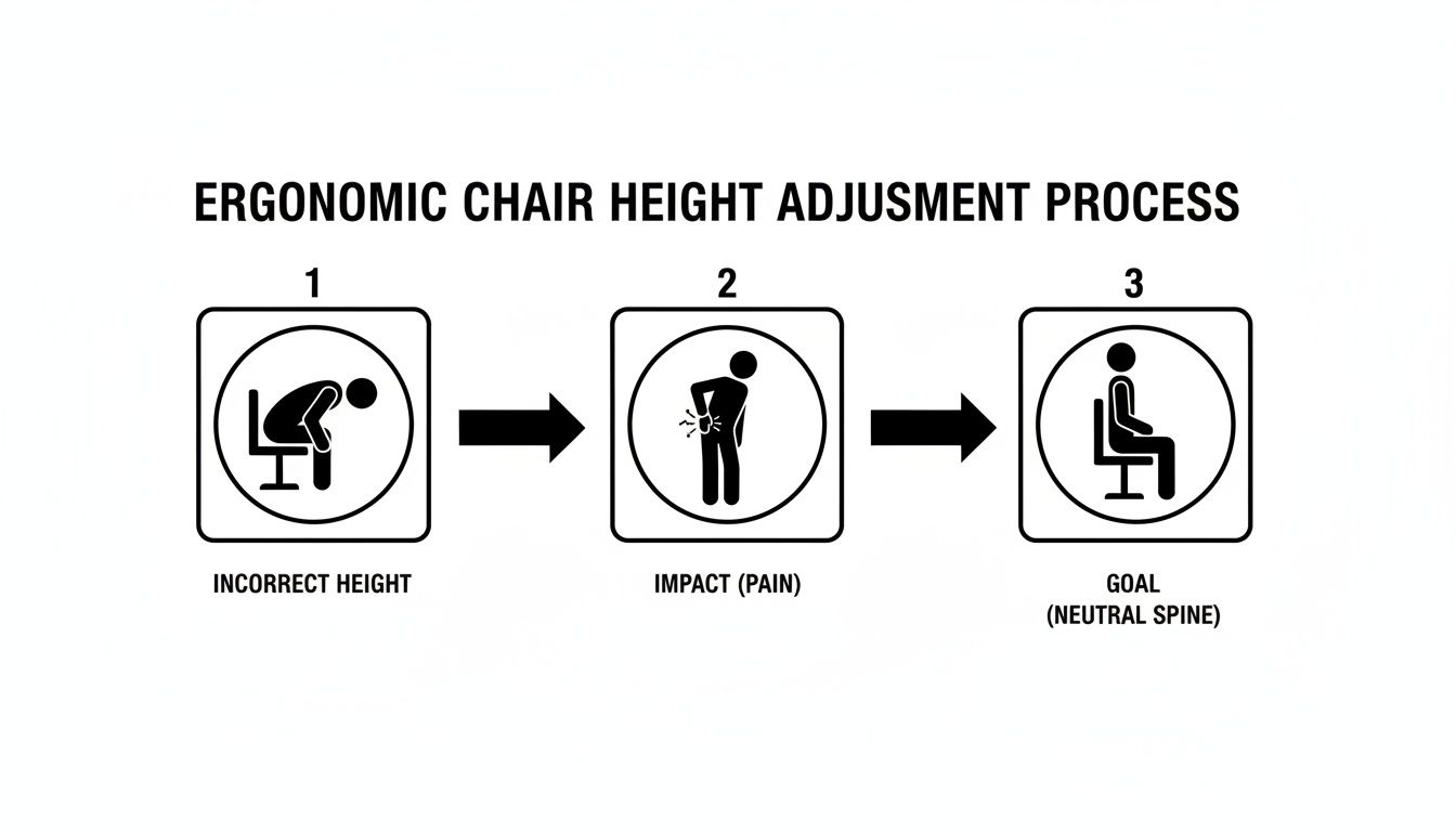 Diagram illustrating the ergonomic chair height adjustment process, from incorrect slouching posture leading to back pain, to achieving a goal of a neutral spine.