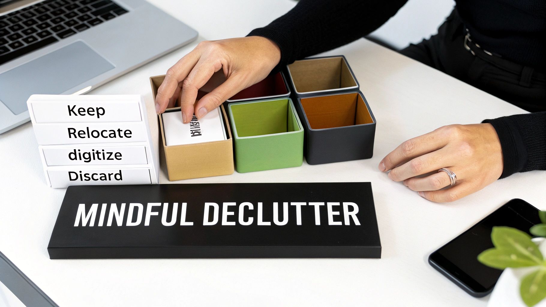 A person sorting items into 'Keep, Relocate, Digitize, Discard' boxes for mindful decluttering.