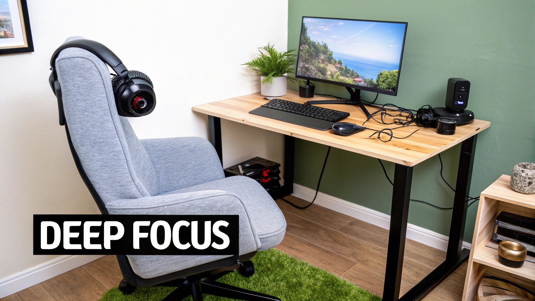 Modern home office setup featuring an ergonomic chair, wooden desk, monitor, and potted plant.