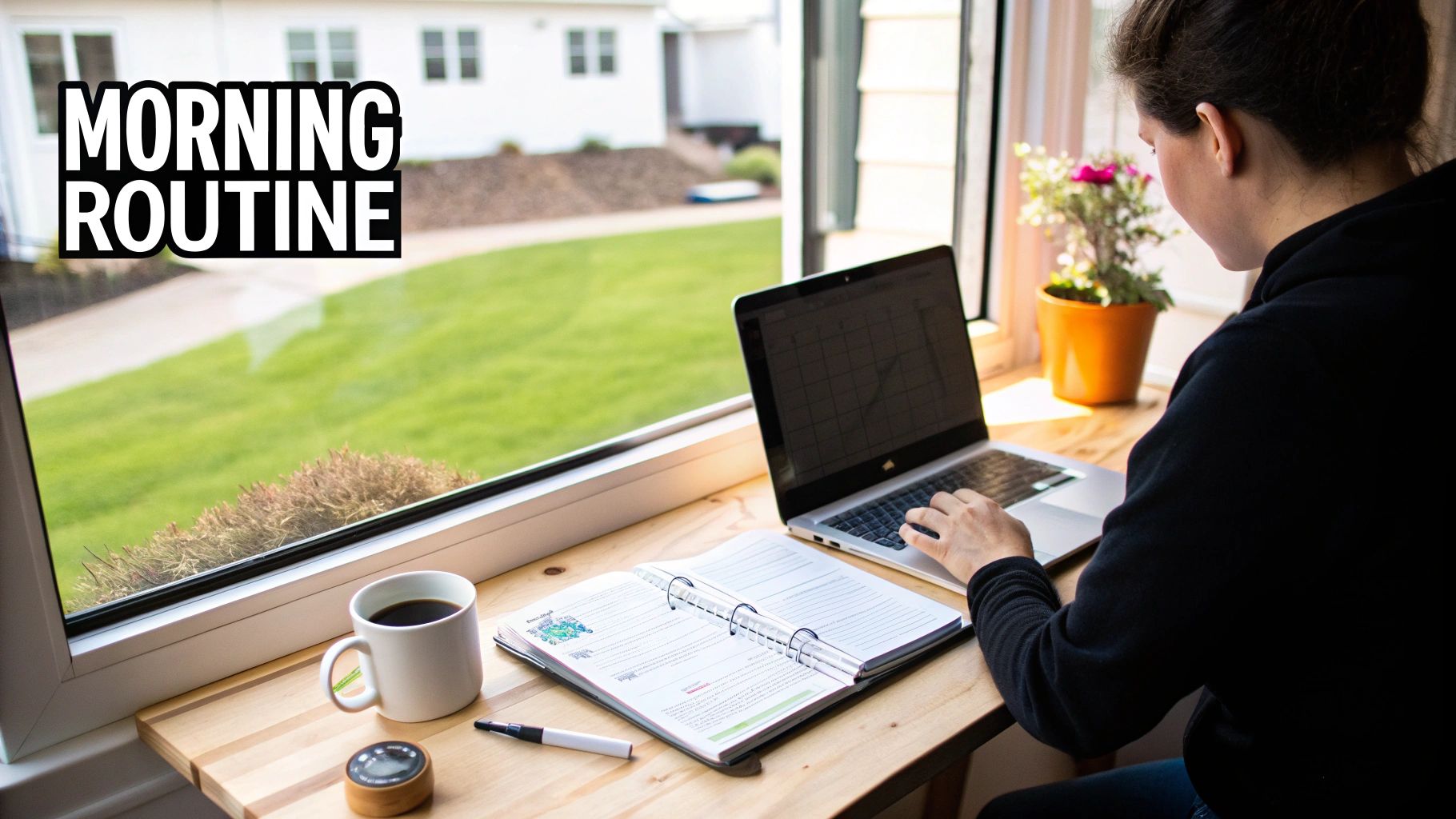 Person works on laptop at a desk by a window with coffee, notebook, and 'MORNING ROUTINE' text.