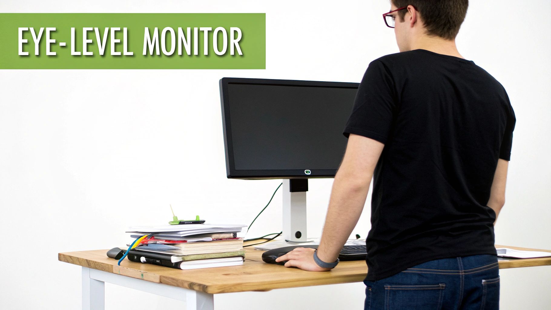 A person stands at a modern wooden stand-up desk, using an eye-level monitor and mouse.